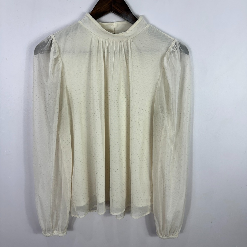 LOFT Long Puff Sleeve Ivory Top Womens Small Sheer Swiss Dot Romantic Cottage